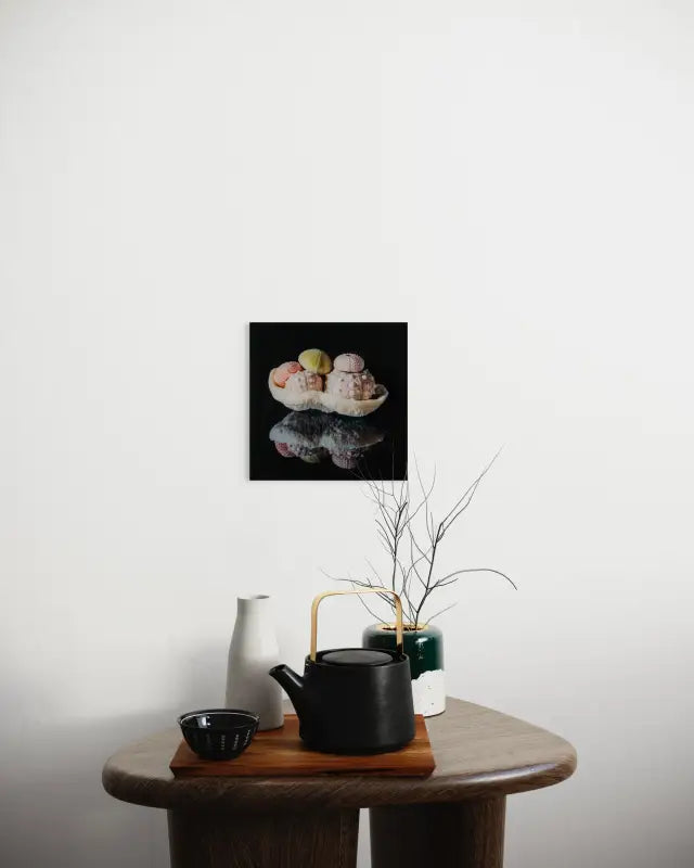 Sea urchins in coral bowl coastal seashell glass print, Echoes of the Sea, coastal wall decor