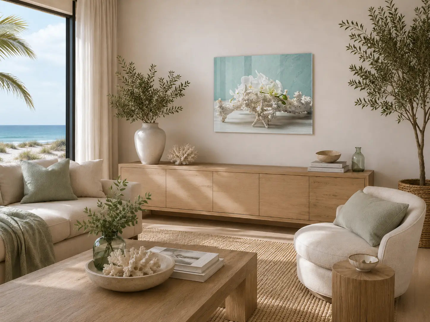 Light-filled coastal living room with ocean view featuring a soft aqua coral and white orchid glass print, styled with pale wood, warm neutrals, and subtle sage accents.