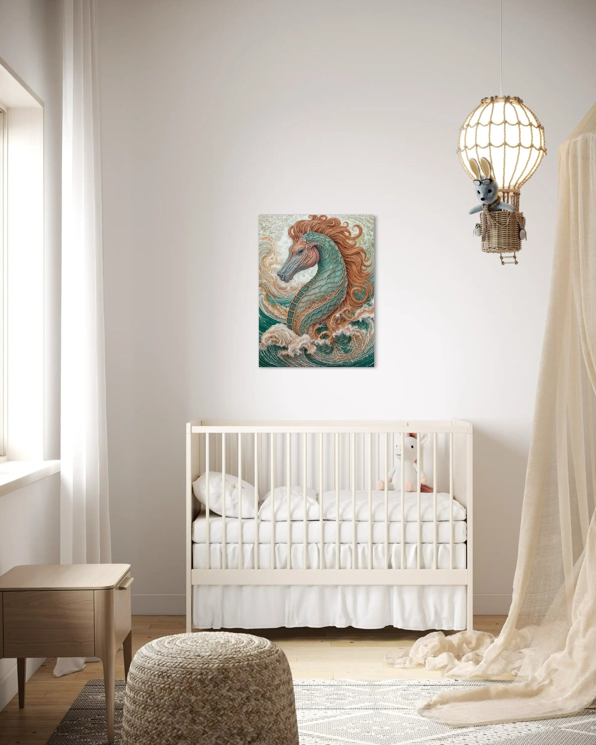 Seahorse coastal glass print with pastel colors and Hokusai waves, perfect for coastal nursery decor