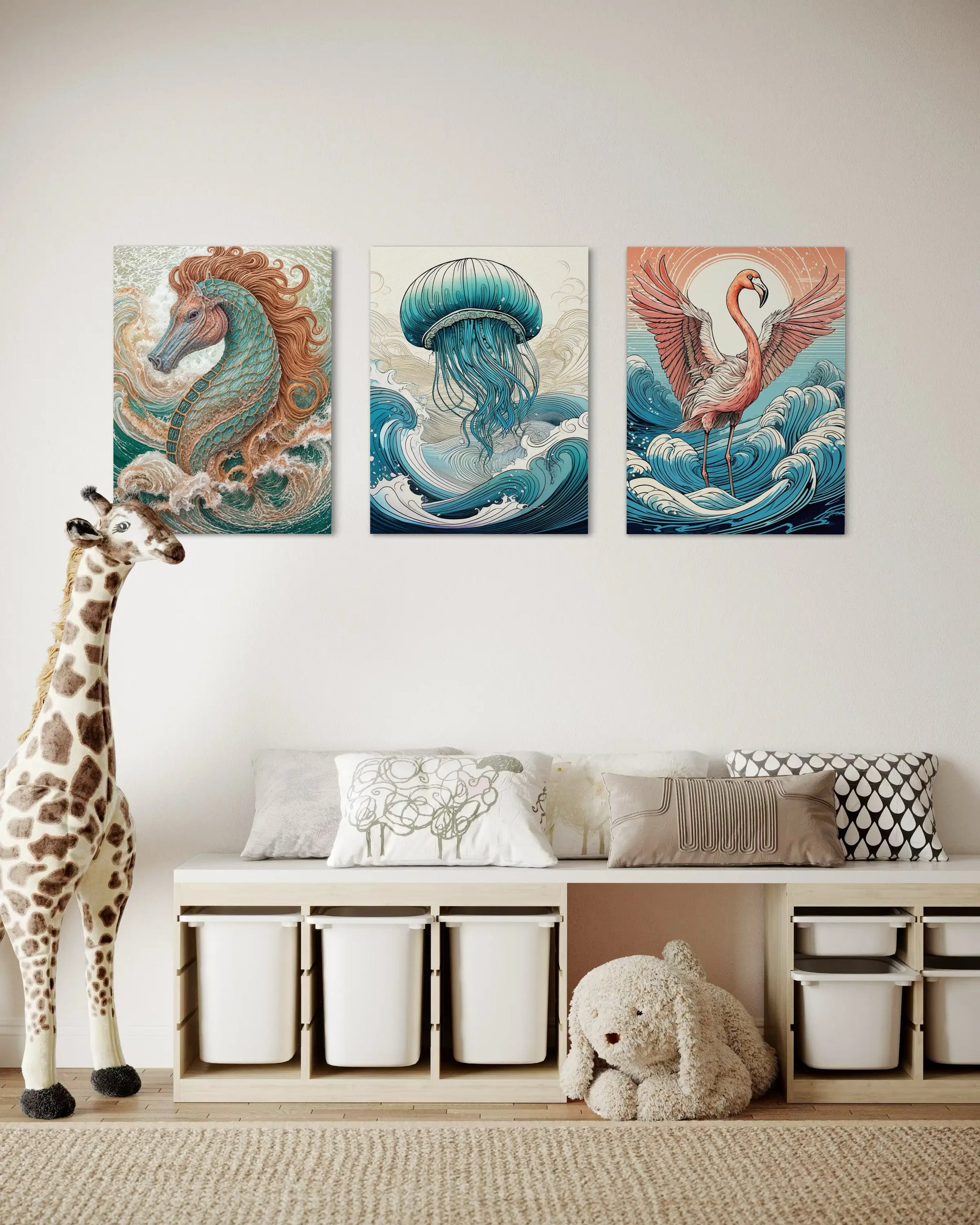 Seahorse coastal glass print with two other Echoes prints that are perfect for coastal nursery decor 