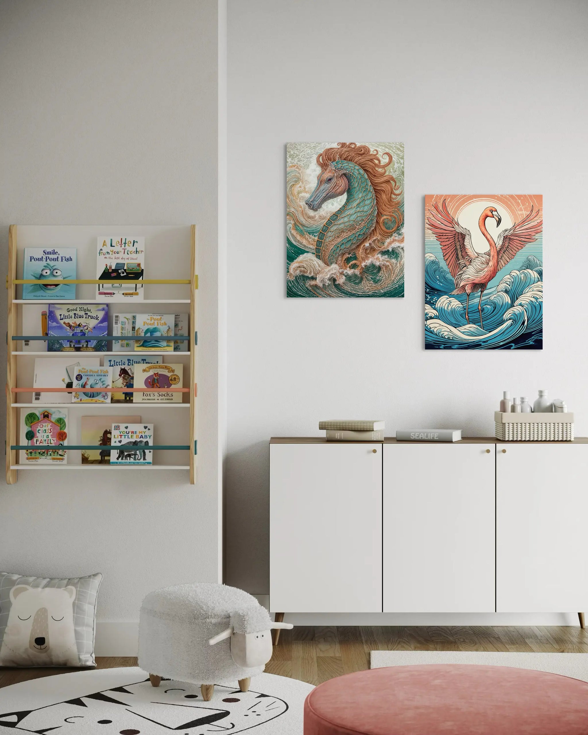Seahorse coastal glass print perfect for coastal-themed pediatrician office wall decor