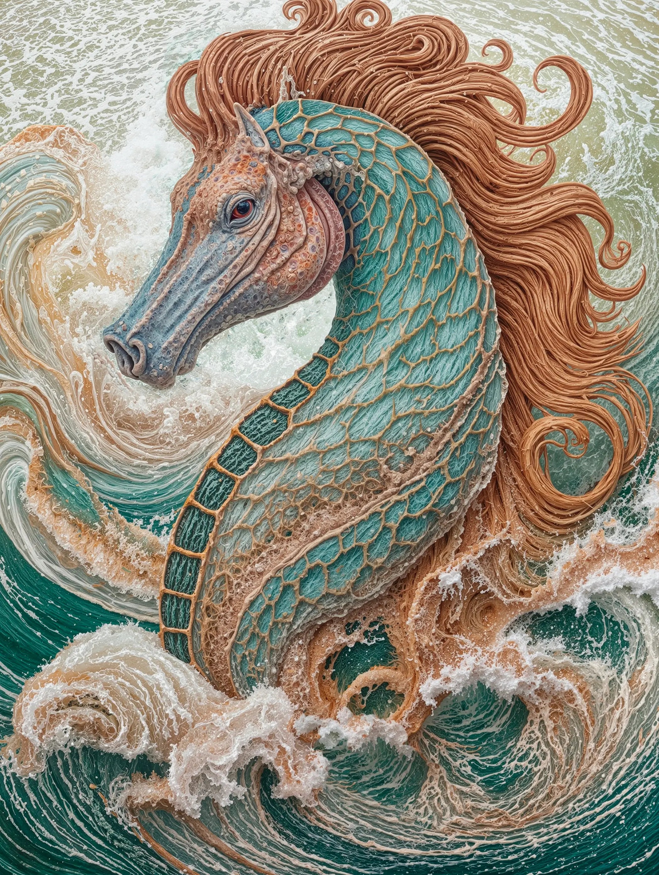 Seahorse coastal print – elegant seahorse amid swirling teal waves, Hokusai-style ocean wall art