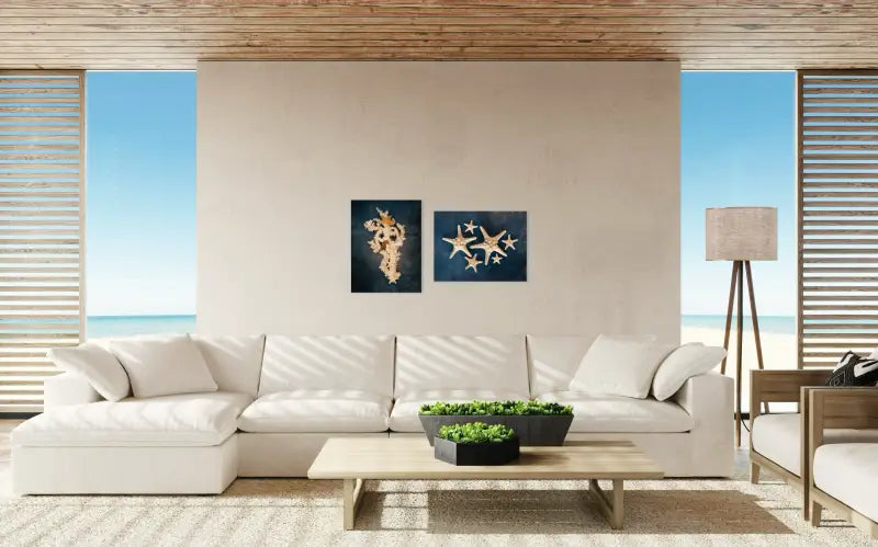 Seahorse glass print with octopus coral and starfish on blue background, coastal gallery wall decor