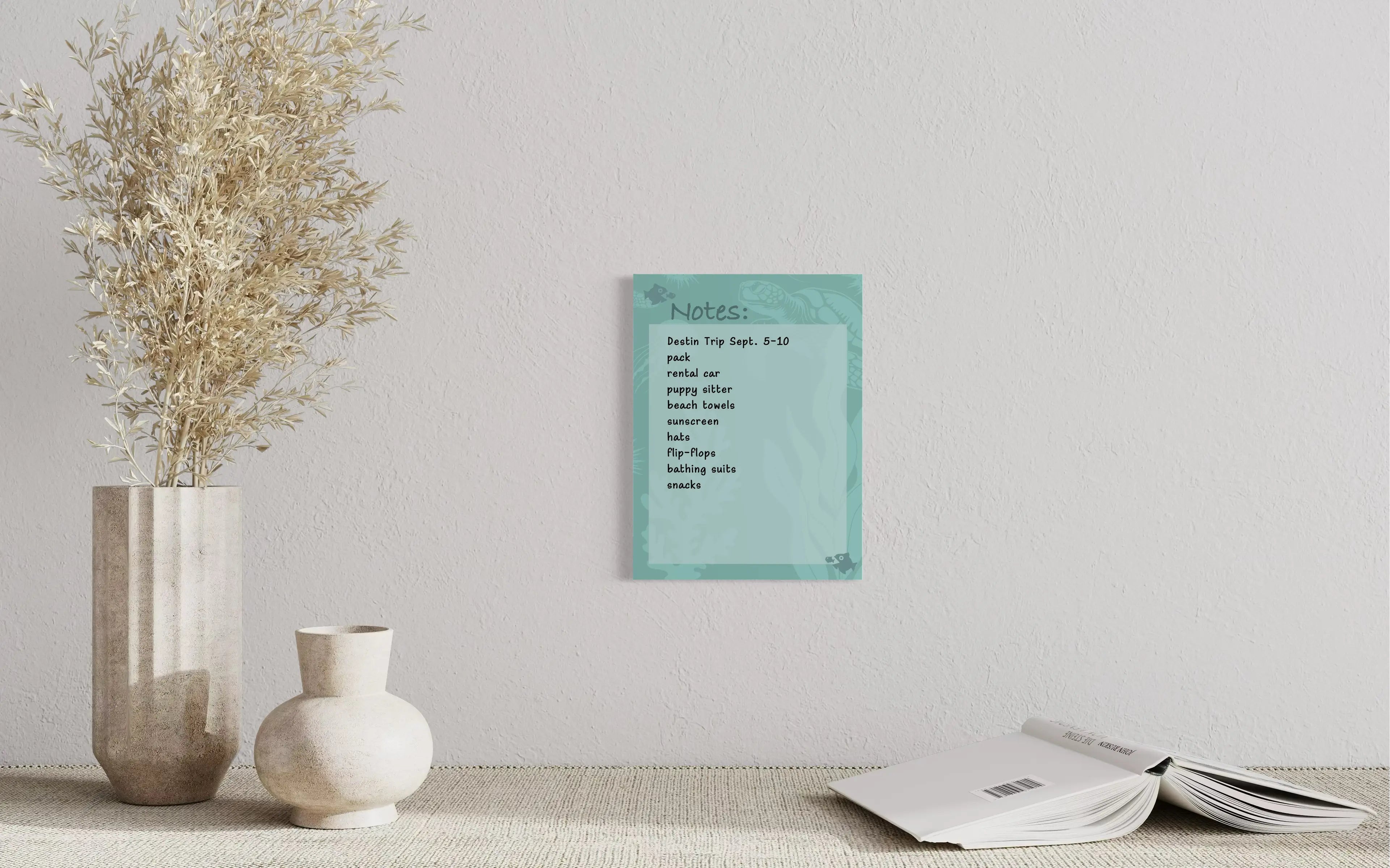 Reusable dry-erase notes board with intricate, tone-on-tone teal design featuring various sealife including a sea turtle, fish, and jellyfish, coastal decor