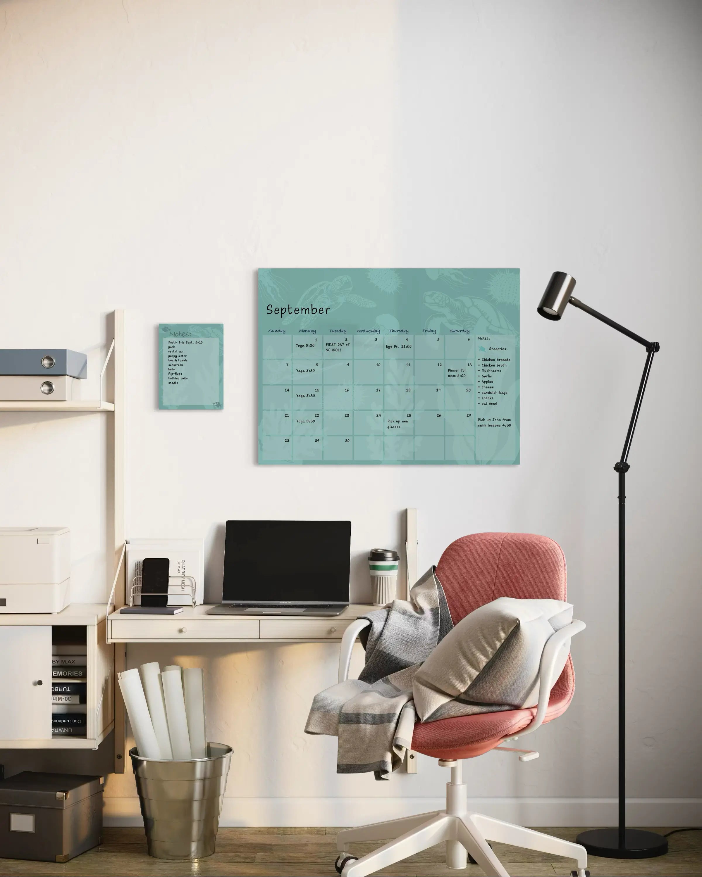 Reusable dry-erase notes board with intricate, tone-on-tone teal design featuring various sealife including a sea turtle, fish, and jellyfish with matching calendar