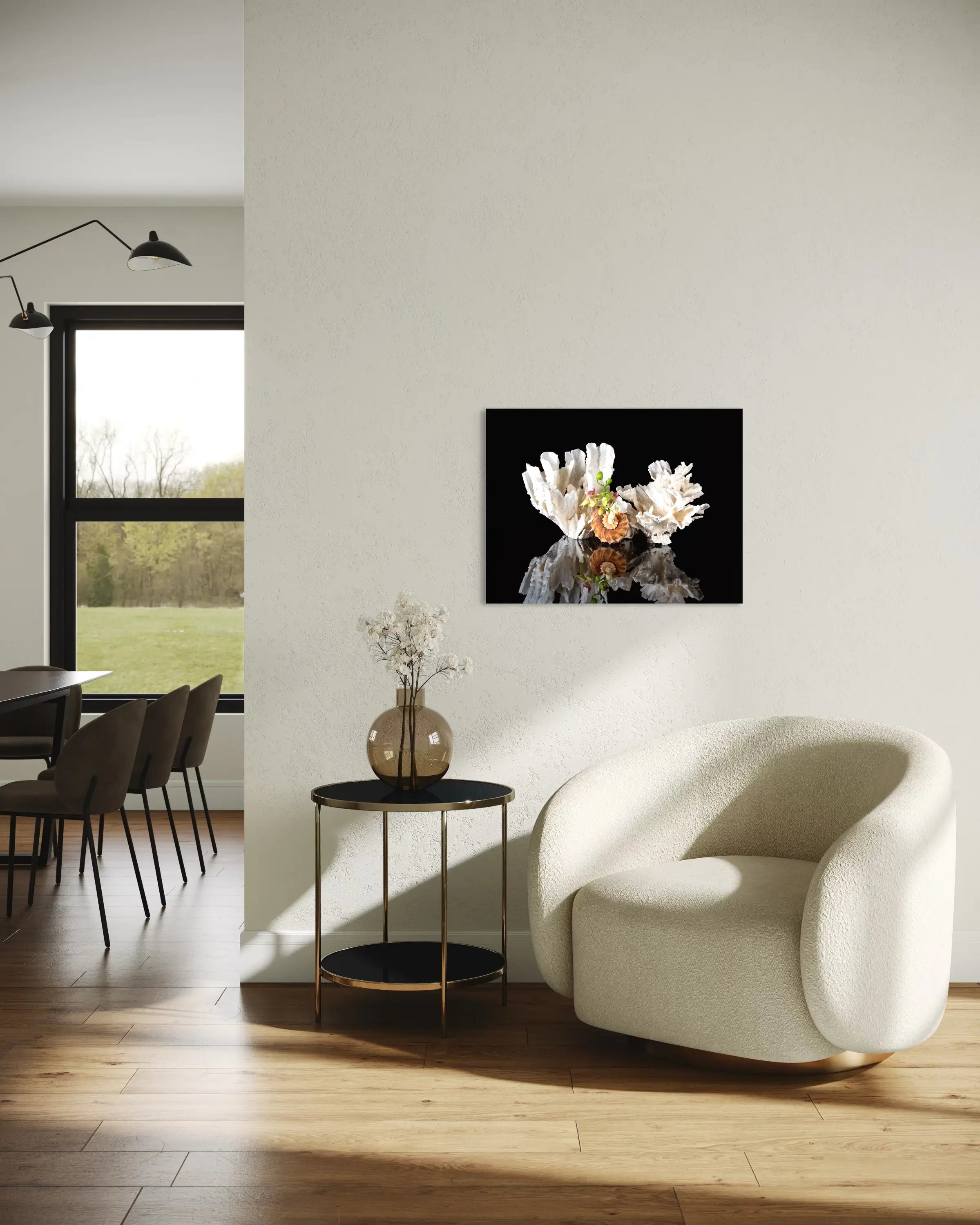 Luxury coastal decor glass print with triton shell, lettuce coral, and orchids on black background-dining room