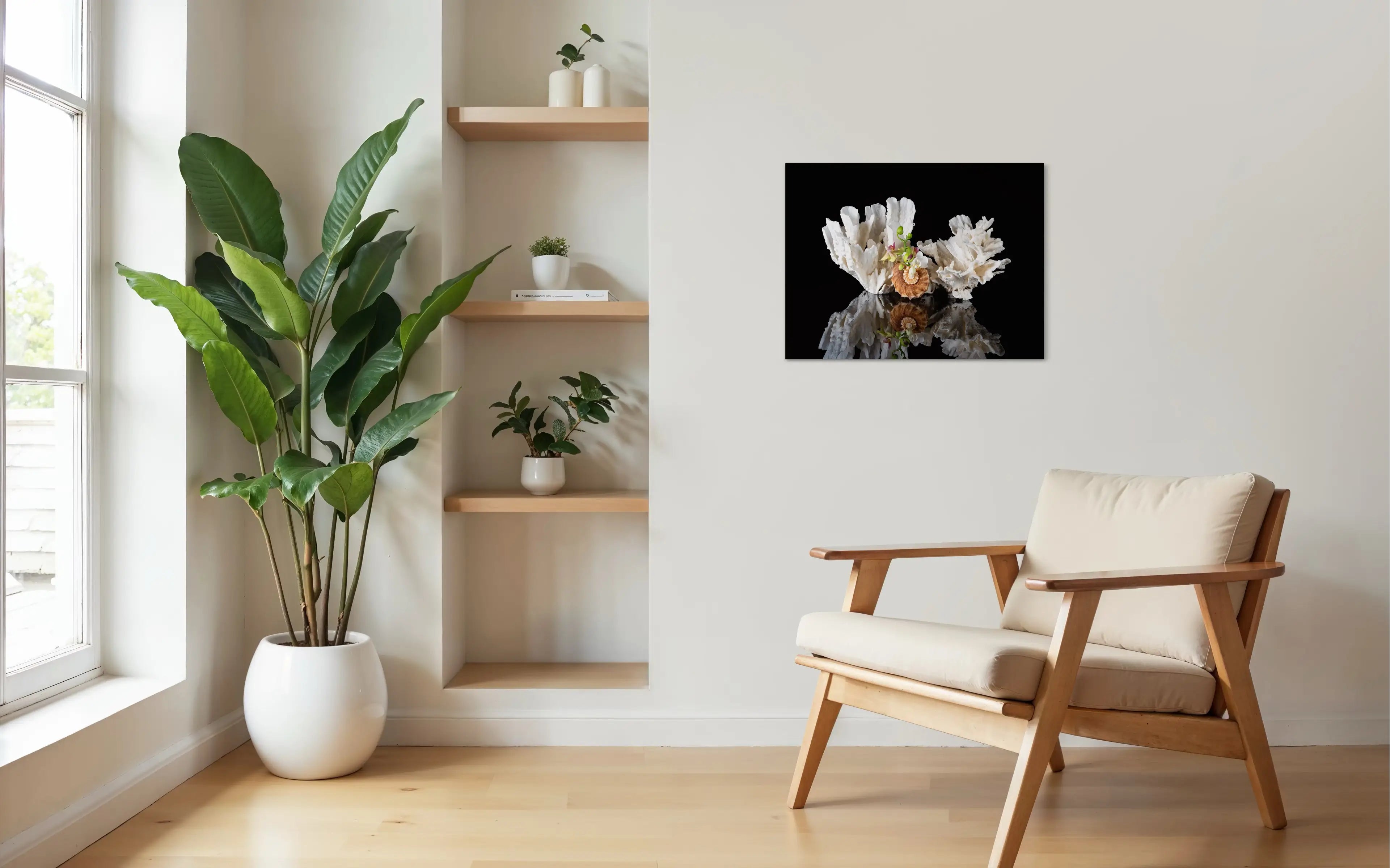 Luxury coastal decor glass print with triton shell, lettuce coral, and orchids on black background-sitting area