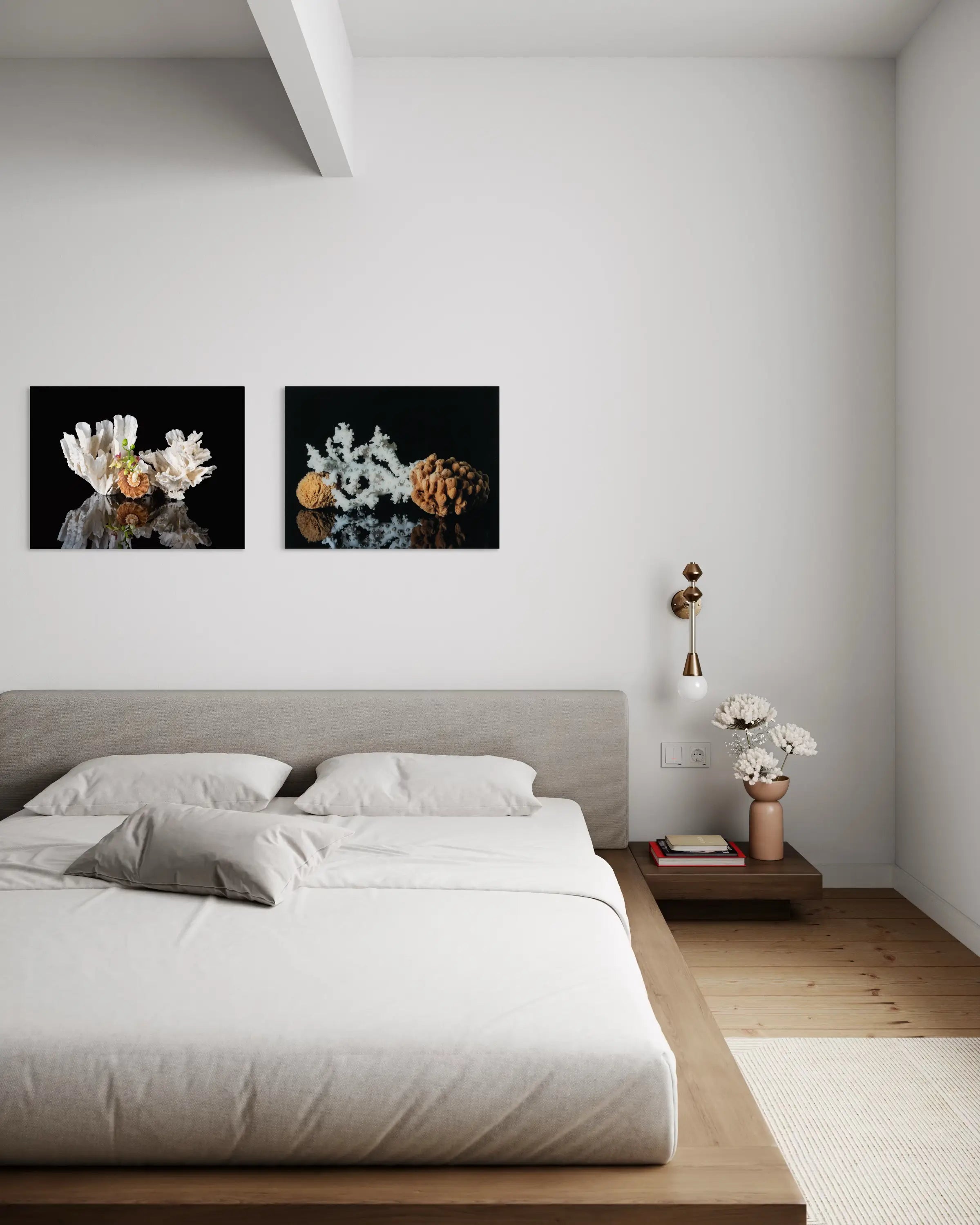 Luxury coastal decor glass print with triton shell, lettuce coral, and orchids on black background-bedroom