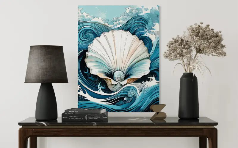 Seashell in Hokusai waves coastal glass art print, above table
