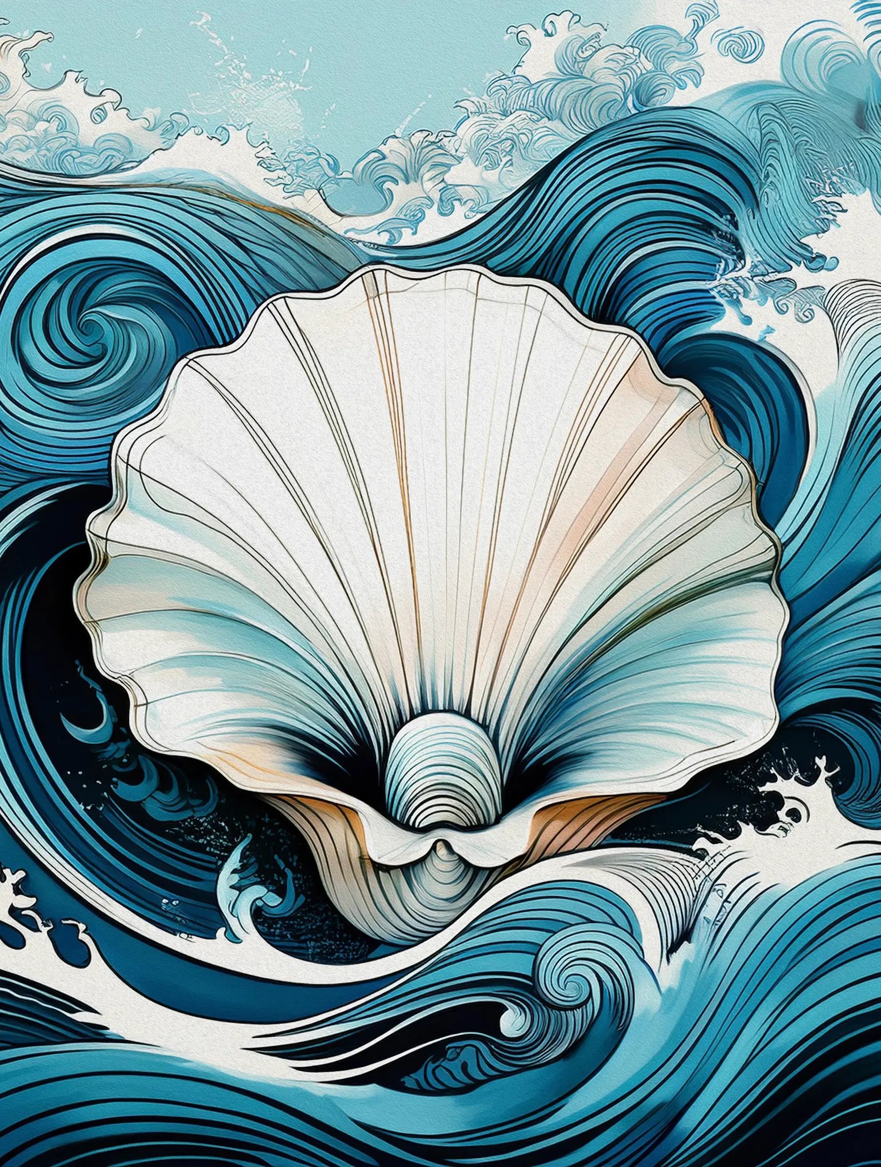 Seashell coastal wall art – large shell nestled in stylized waves, modern Japanese-inspired ocean print