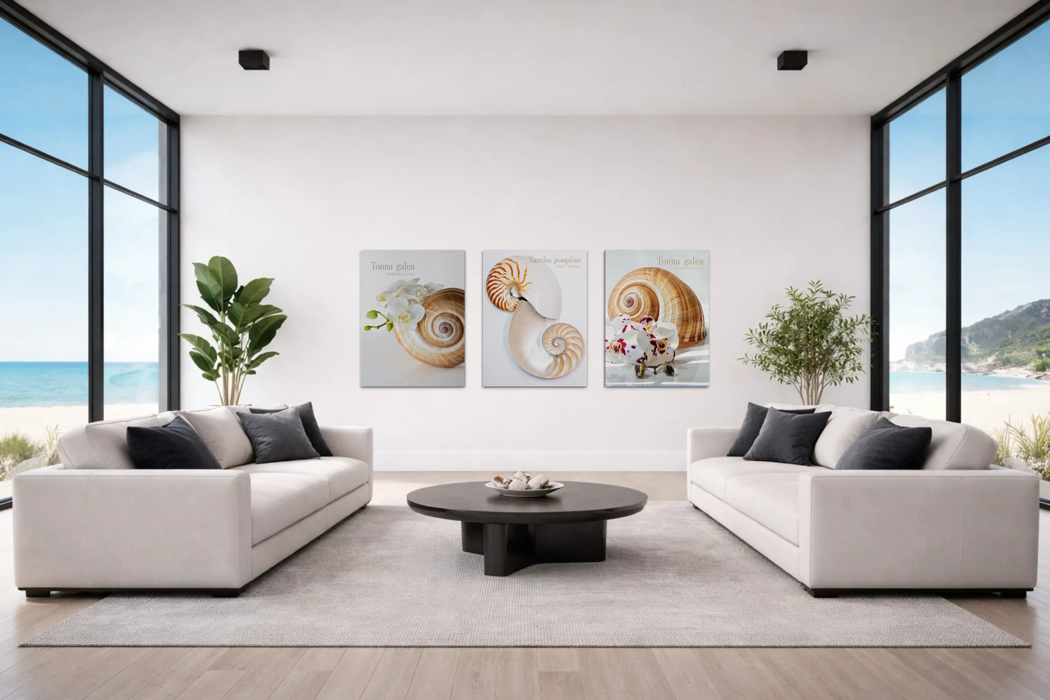 Coastal living room with three seashell and orchid glass wall art prints arranged above a sofa