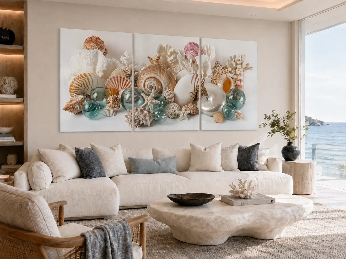 Seashell triptych glass wall art with nautilus shells, coral, starfish, and antique Japanese glass floats displayed above a cream sectional in a luxury coastal living room.
