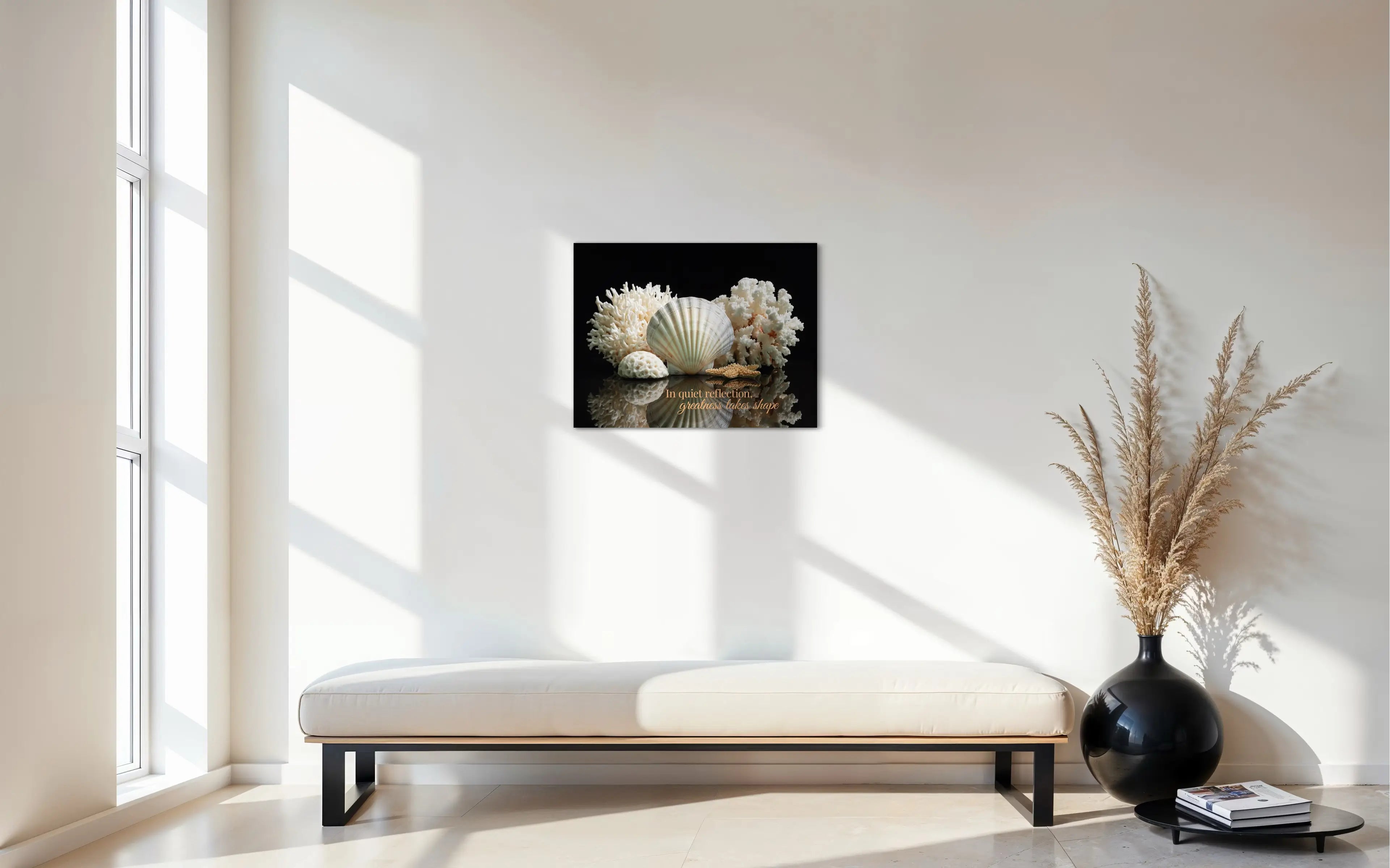 Frameless coastal glass print featuring shells and starfish – stylish ocean-inspired décor for modern entryway walls.