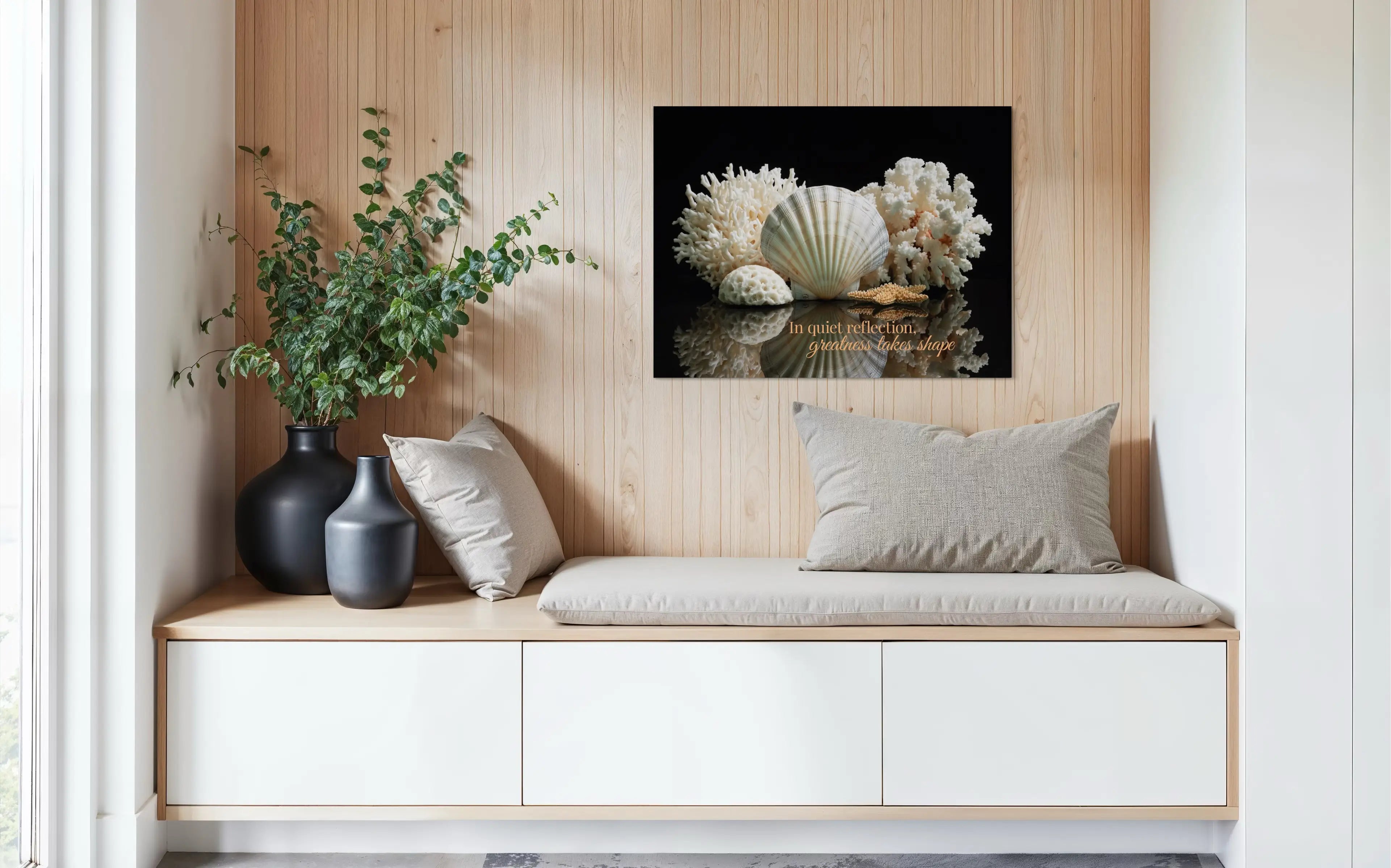 Inspirational seashell reflection glass print with coral accents – coastal wall art adding elegance to a cozy reading nook.