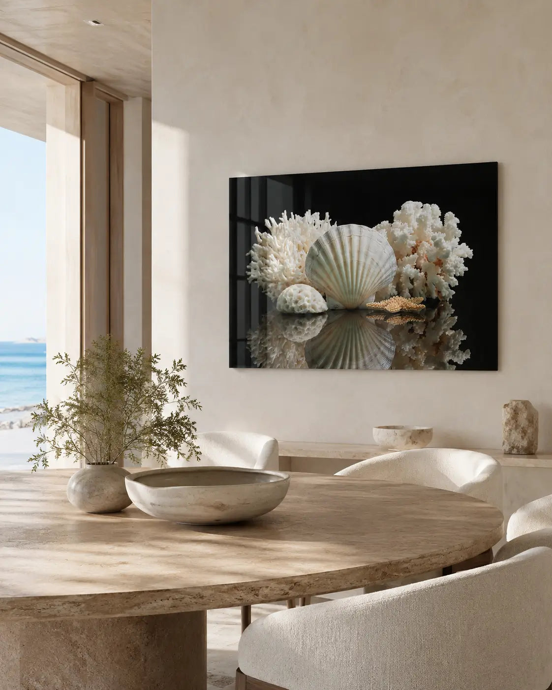 Neutral coastal dining room with dramatic shell glass print