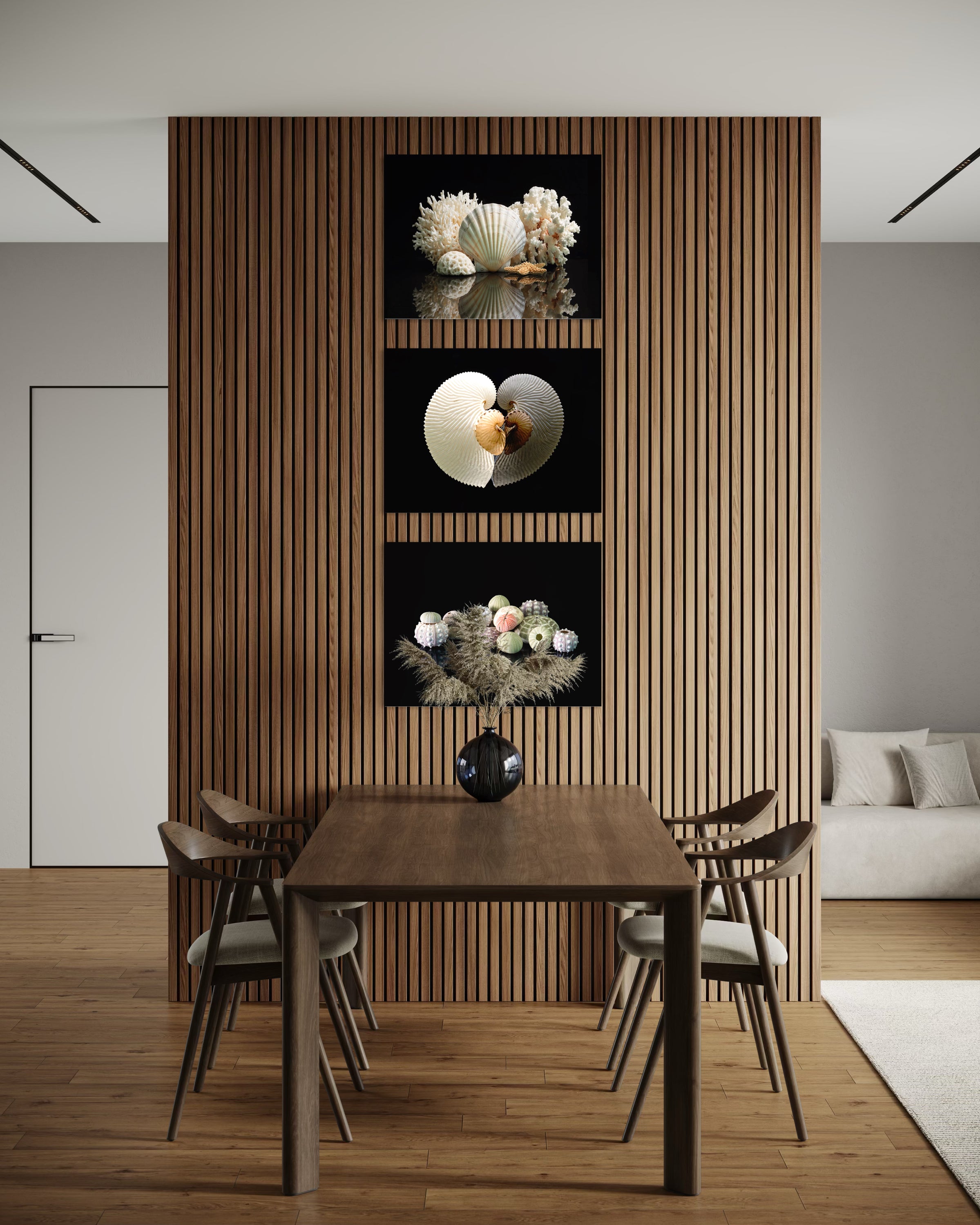 Coastal Glass Print: Seashells a stunning variety of coral and shells on black background for dining room wall art