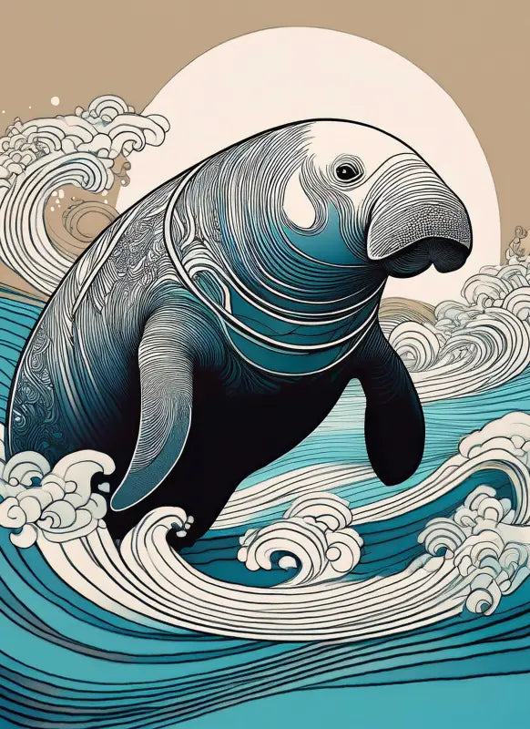 Hokusai Manatee Line Art Glass Print, coastal wave decor, eco-friendly art