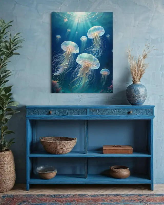 Glass print of bioluminescent jellyfish in turquoise ocean with light rays above a blue shelf.