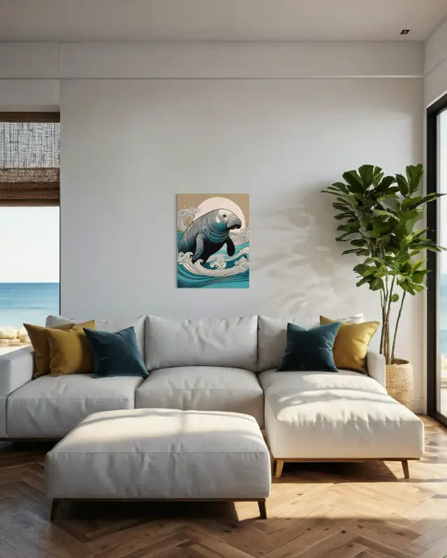 Hokusai Manatee Line Art Glass Print, coastal wave decor, eco-friendly art-living room decor