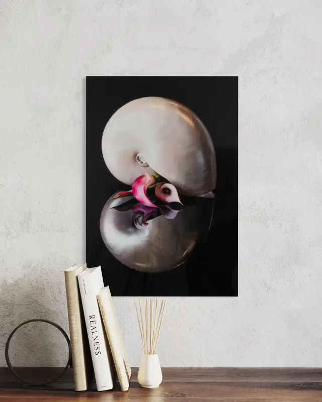 Serene Nautilus and Blooming Pink Lilies Glass Artwork - Coastal Prints