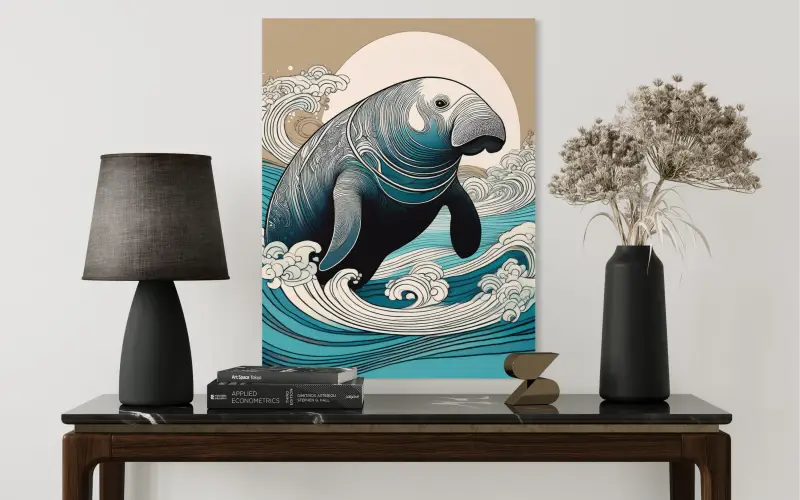 Hokusai Manatee Line Art Glass Print, coastal wave decor, eco-friendly art-coastal wall decor