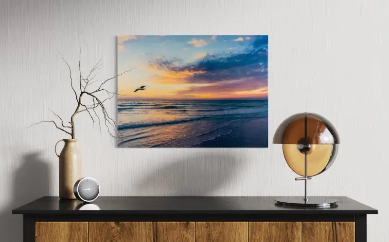 Ocean wall art glass print of Siesta Beach sunset with seagull and waves, coastal wall decor