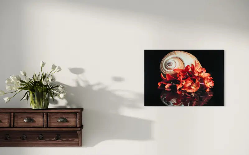 Serene Orange Lilies and Coastal Spiral Shell Glass Art Print - Prints