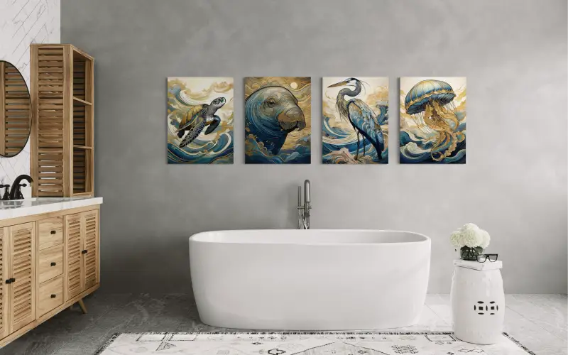 Serene Sea Turtle Hokusai Waves Coastal Glass Print by Echoes of the Sea, eco-friendly-bathroom wall gallery