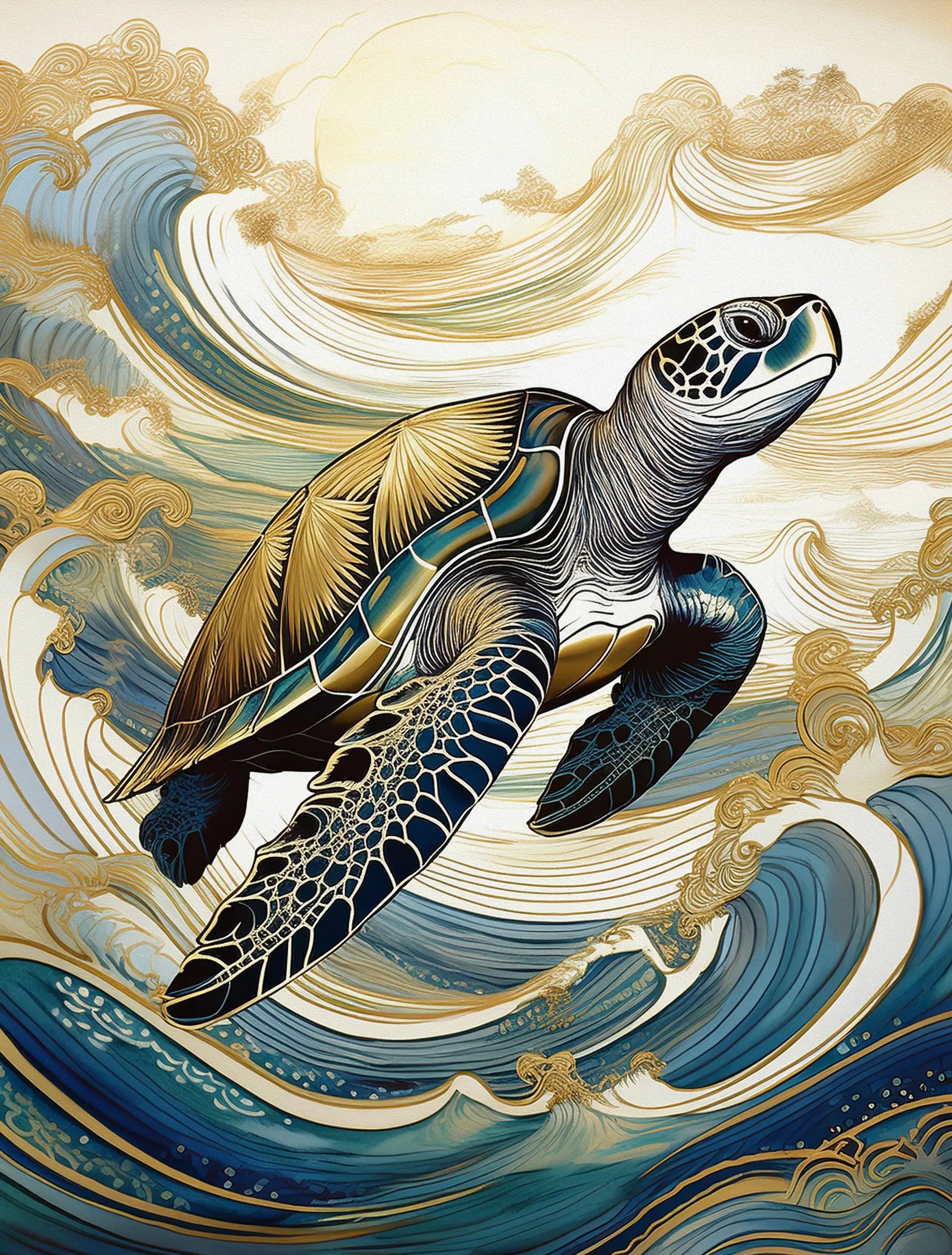 Glass print of gold-accented sea turtle gliding through golden currents, rich in movement and calm.