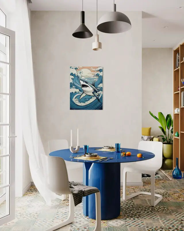 Shark Splash Glass Art Print on eco-friendly glass, vibrant for ocean and kids' room decor.-dining area