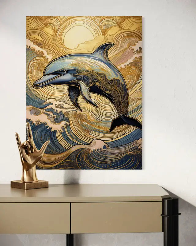 Ocean wall art glass print with dolphin in Hokusai waves and gold accents, coastal decor-over table