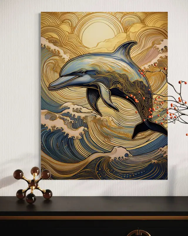 Ocean wall art glass print with dolphin in Hokusai waves and gold accents, coastal wall decor