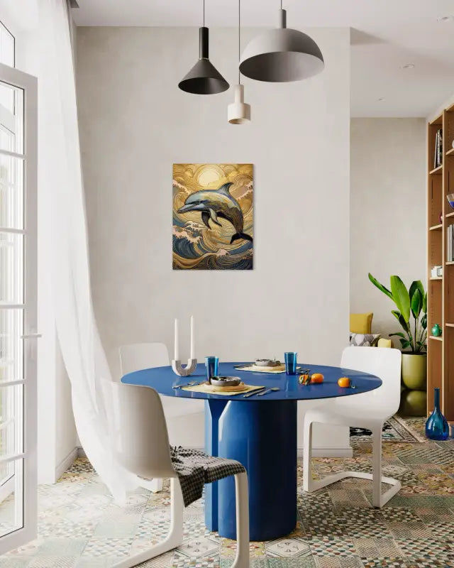 Ocean wall art glass print with dolphin in Hokusai waves and gold accents, coastal dining decor