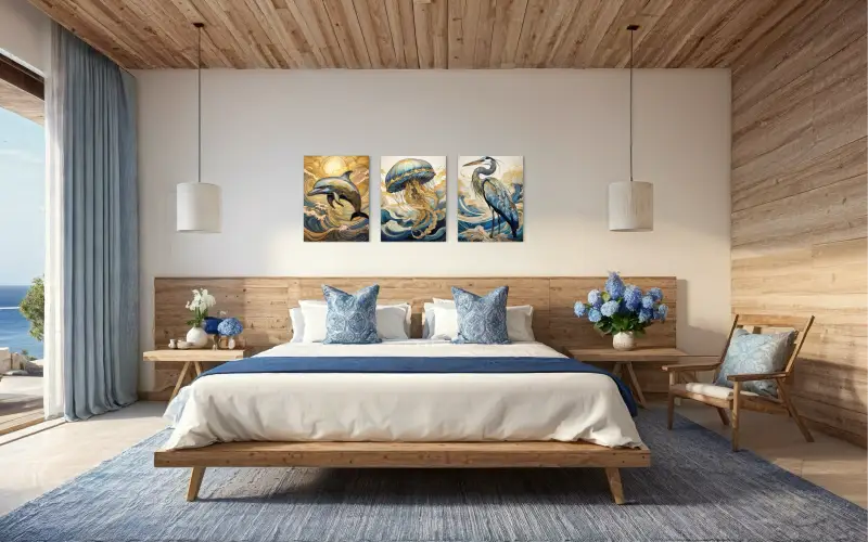 Ocean wall art glass print with dolphin in Hokusai waves and gold accents, coastal wall gallery
