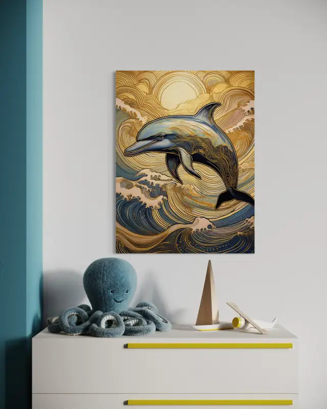 Ocean wall art glass print with dolphin in Hokusai waves and gold accents, coastal nursery decor