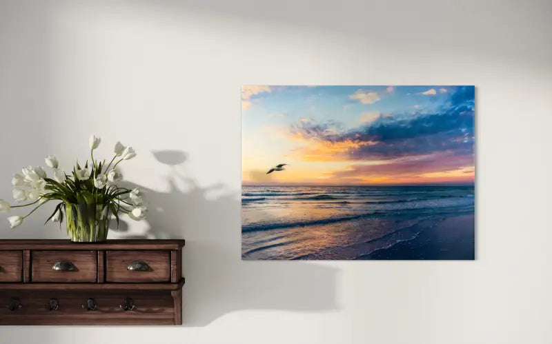Siesta Beach sunset with waves and bird, coastal glass art -beside floating shelf