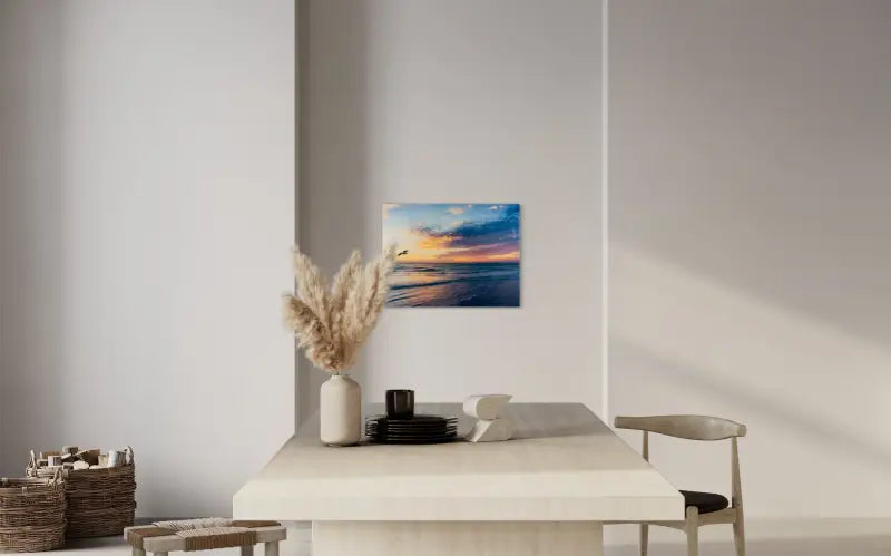 Siesta Beach sunset with waves and bird, coastal glass art, coastal dining decor