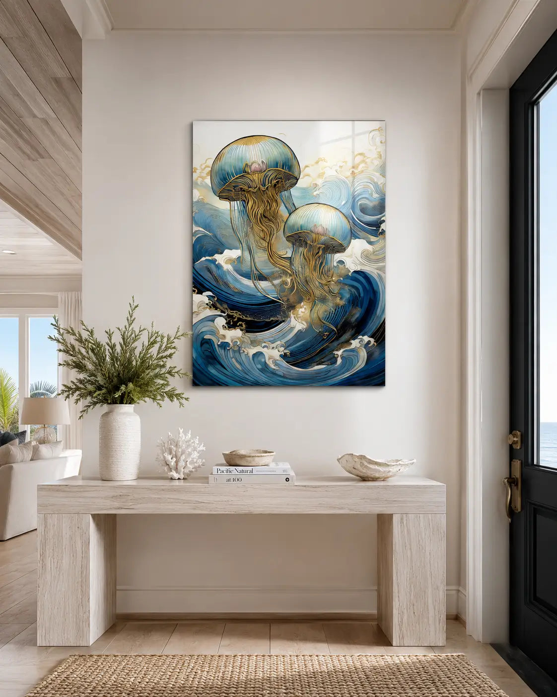 Modern coastal entryway with a jellyfish art glass print above a console