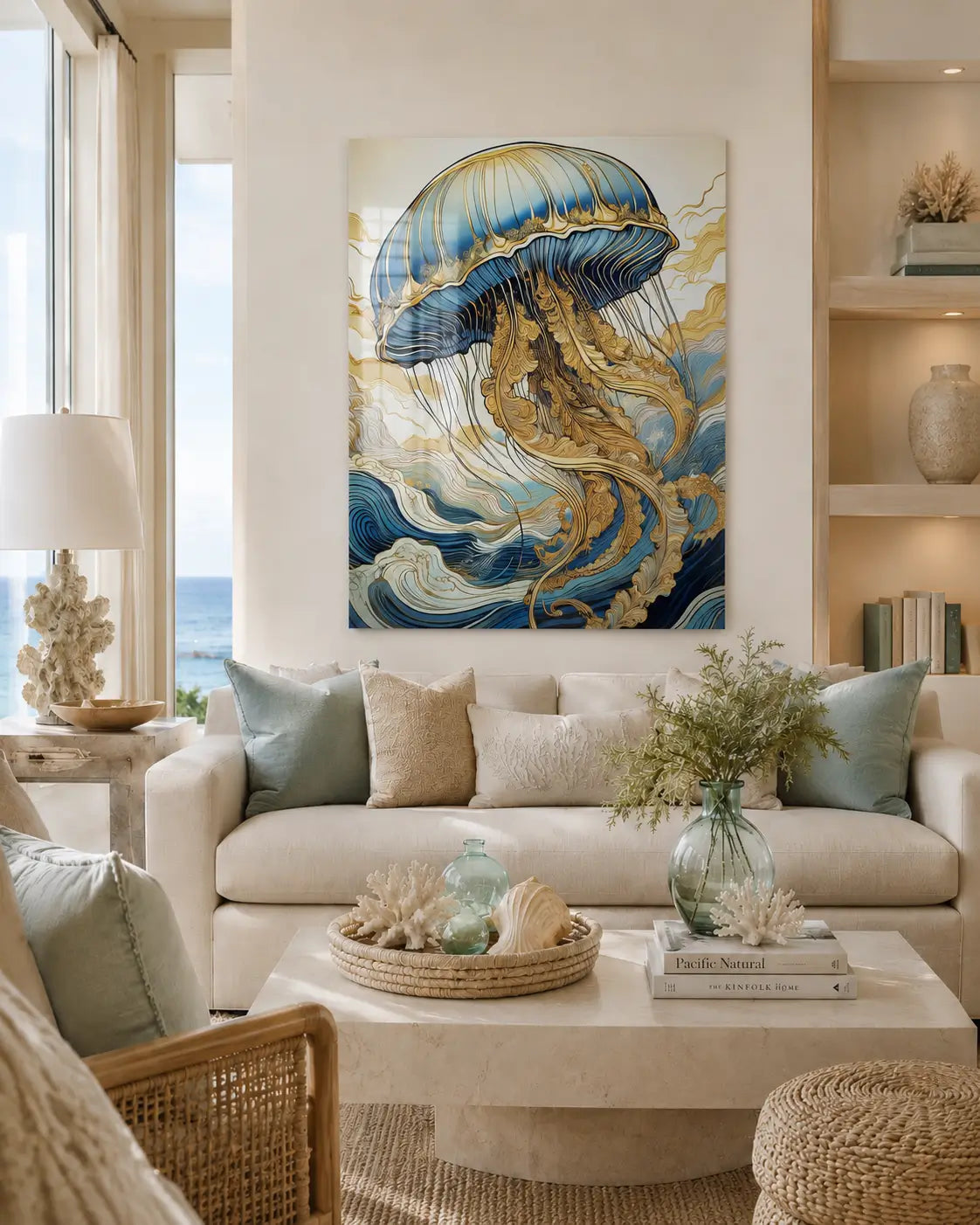 Coastal living room with a jellyfish glass print on the wall, beige sofa, and decorative items.