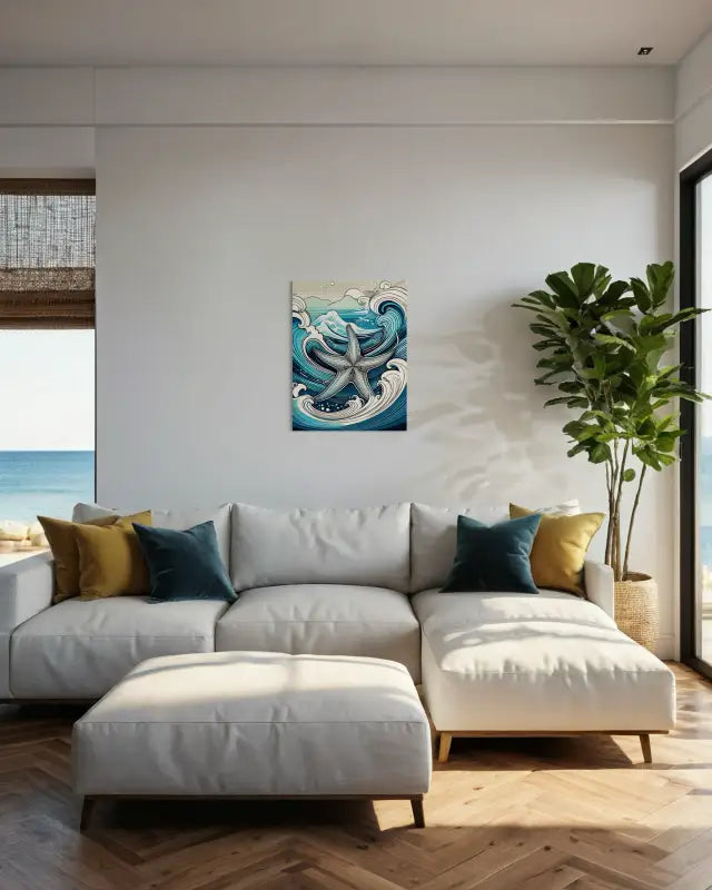 Eco-friendly glass print of a detailed starfish with Ukiyo-e waves from Echoes of the Sea-coastal living room