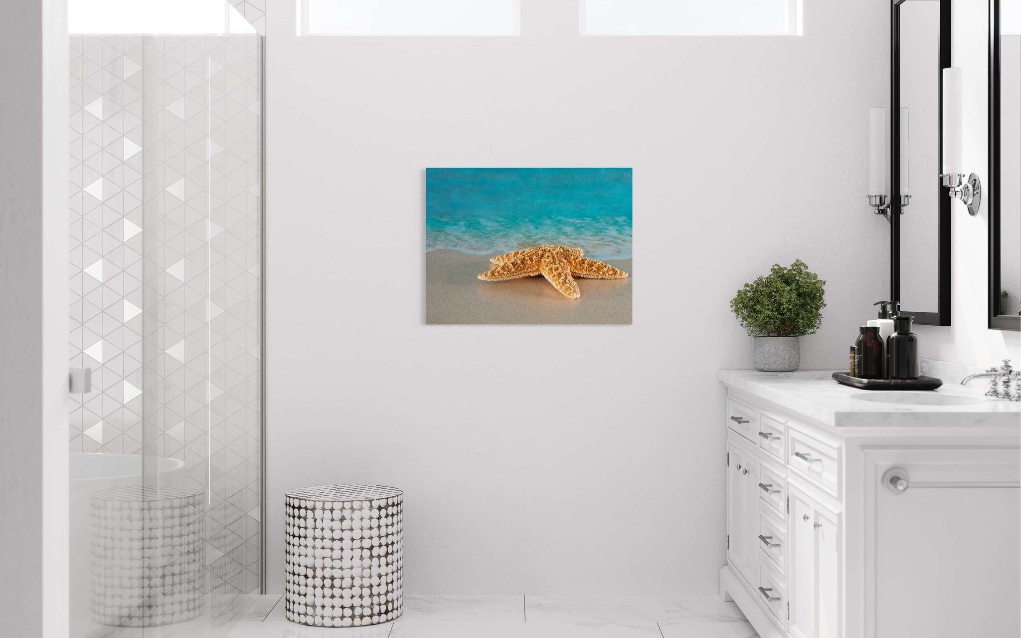 Starfish on Sandy Beach Glass Print | Coastal Ocean Wall Art - bathroom wall decor