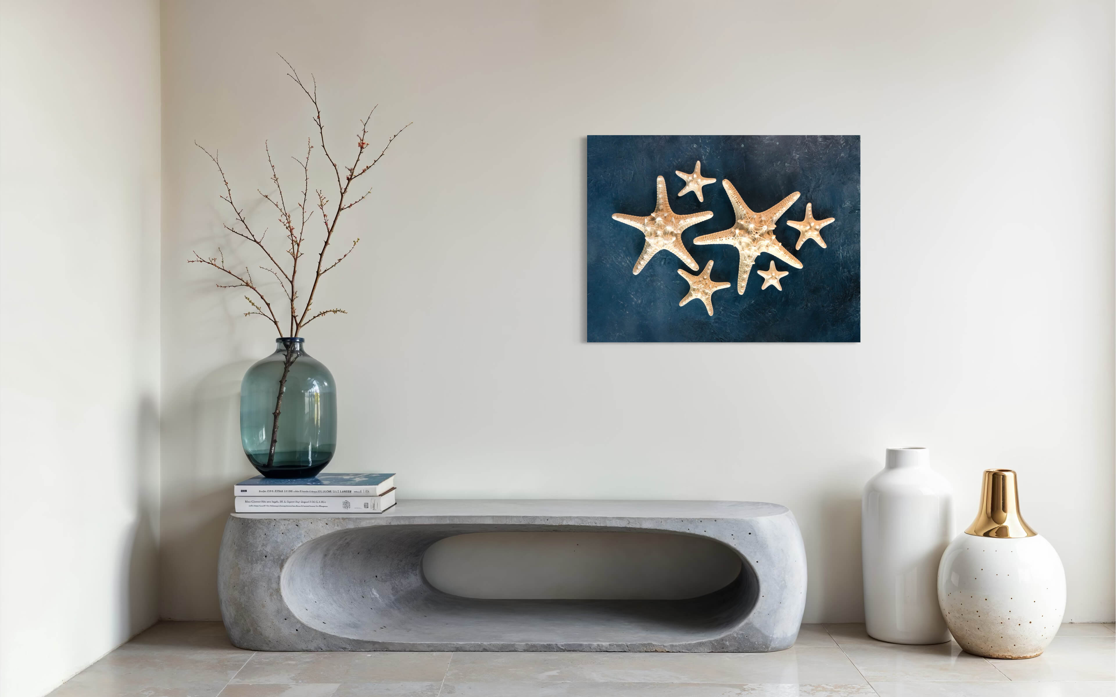 Starfish Serenity Glass Art Print with knobby starfish on blue backdrop, perfect for coastal wall decor.