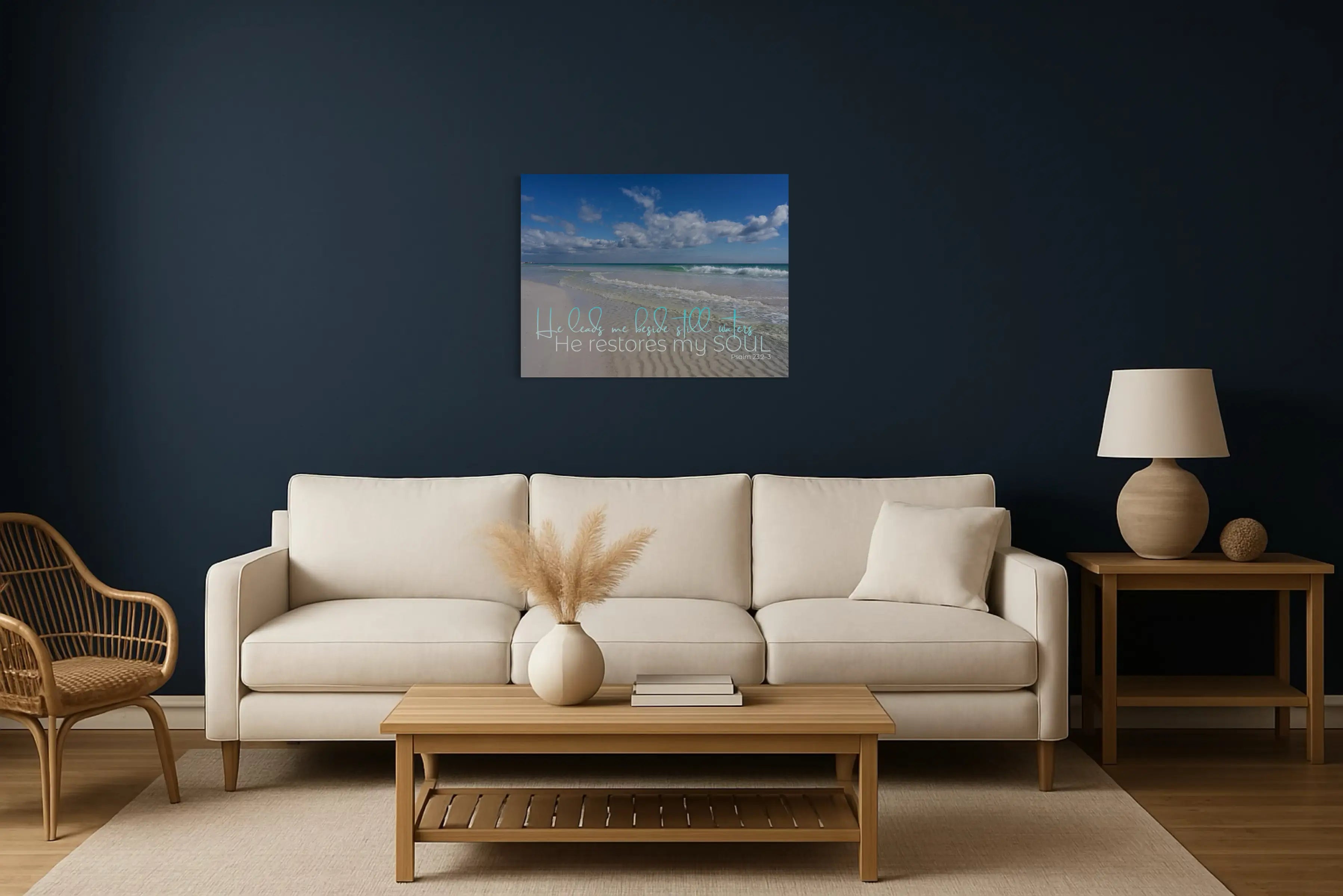 Christian scripture glass wall art featuring Psalm 23 displayed on a deep navy wall in a moody coastal noir living room, offering contrast and timeless spiritual inspiration.