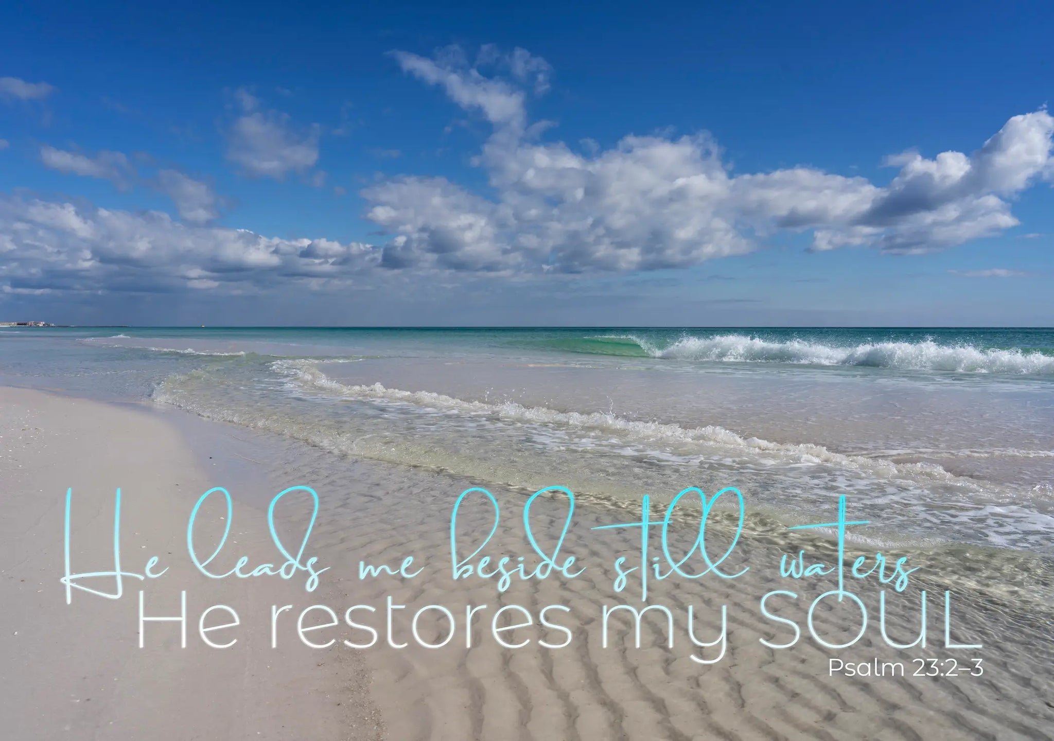 Psalm 23 coastal glass print with ocean photography – inspirational Christian wall art.