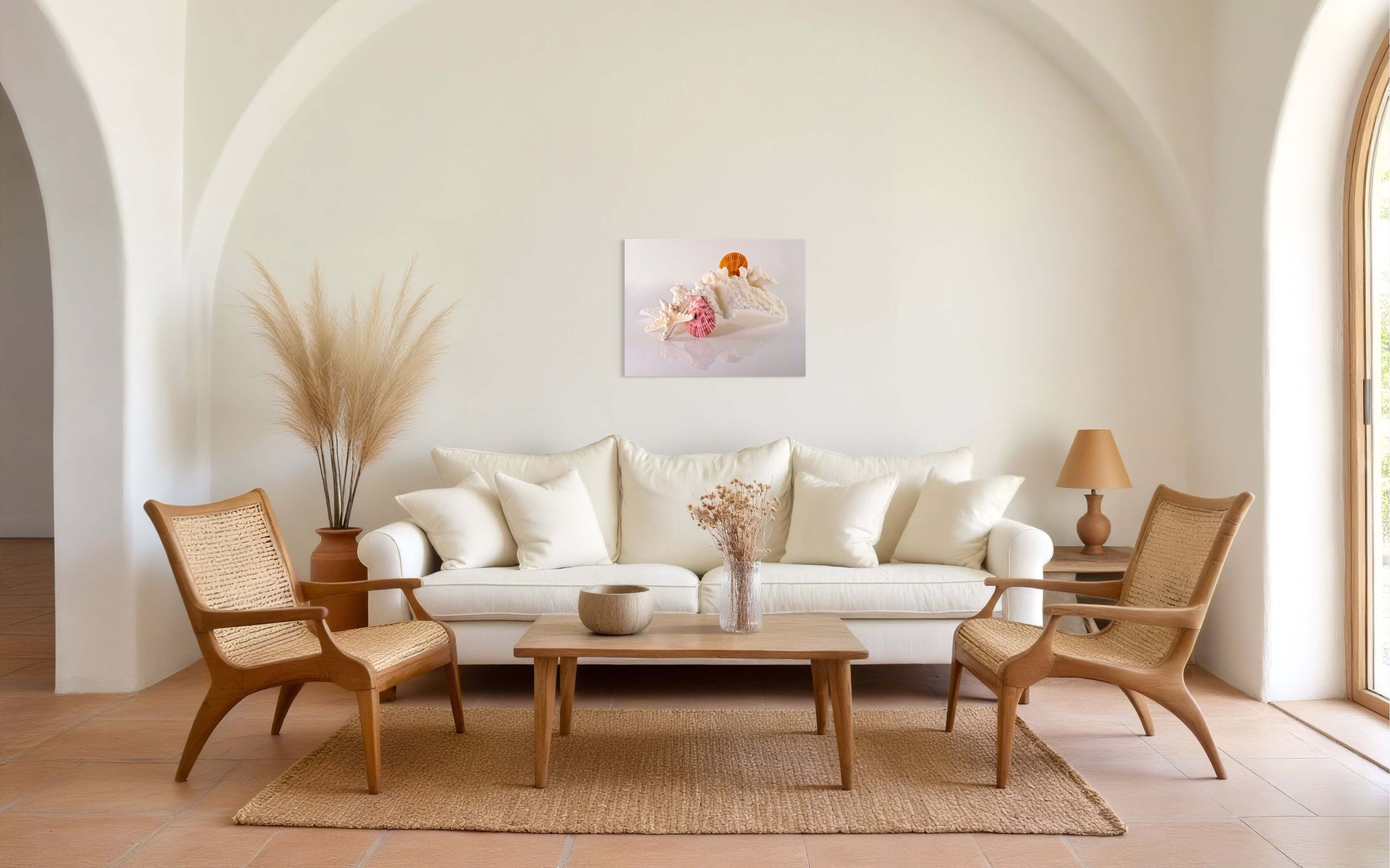 Eco-friendly coastal glass print featuring cabbage coral, starfish, and seashells-living room wall decor