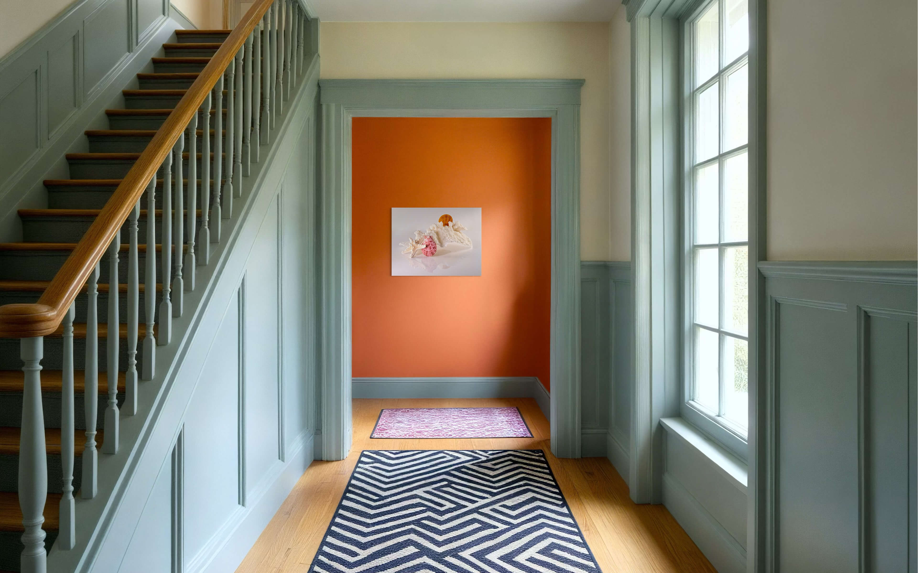 Eco-friendly coastal glass print featuring cabbage coral, starfish, and seashells-hallway wall decor