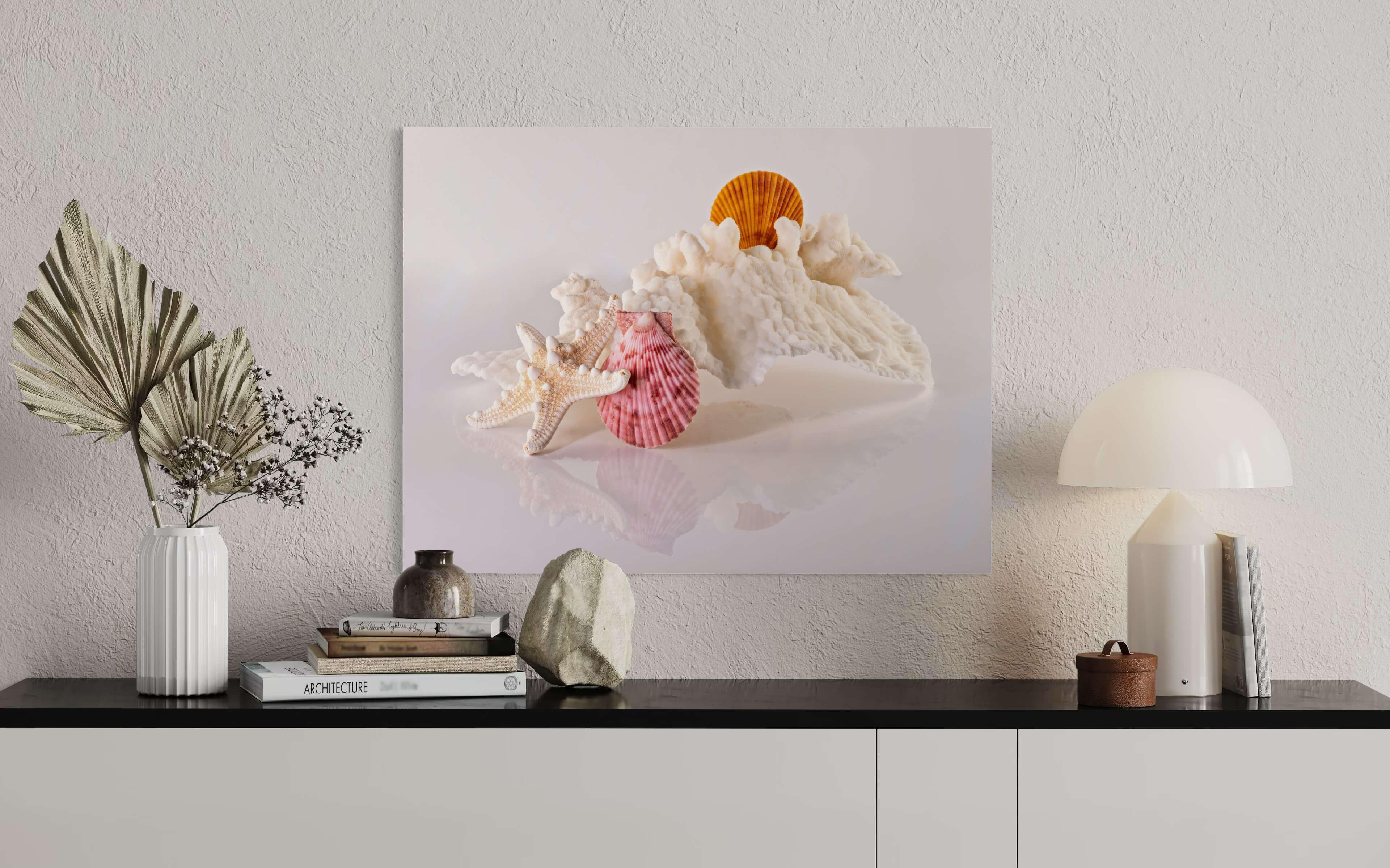 Eco-friendly coastal glass print featuring cabbage coral, starfish, and seashells-nook wall decor