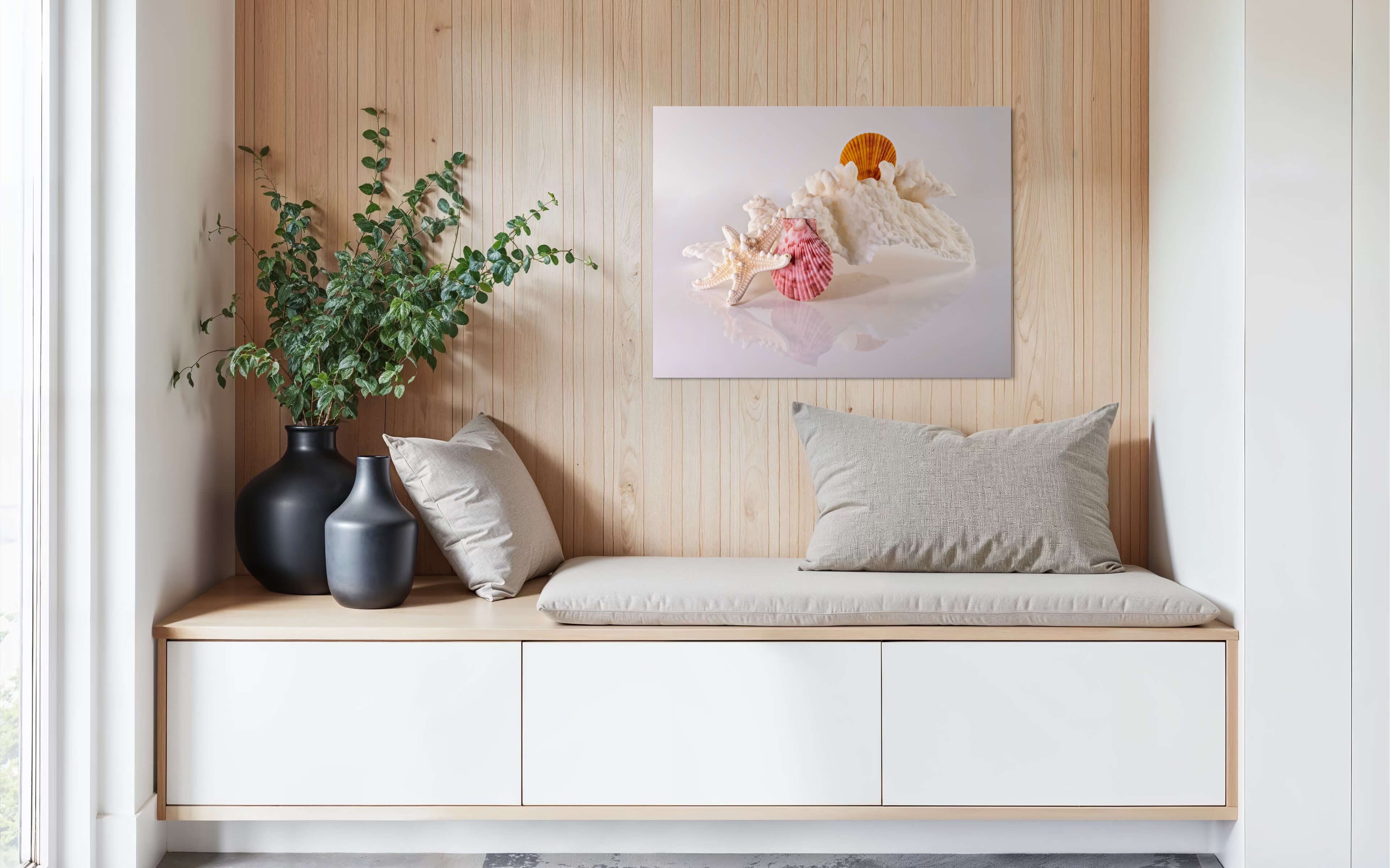 Eco-friendly coastal glass print featuring cabbage coral, starfish, and seashells_sitting area wall decor