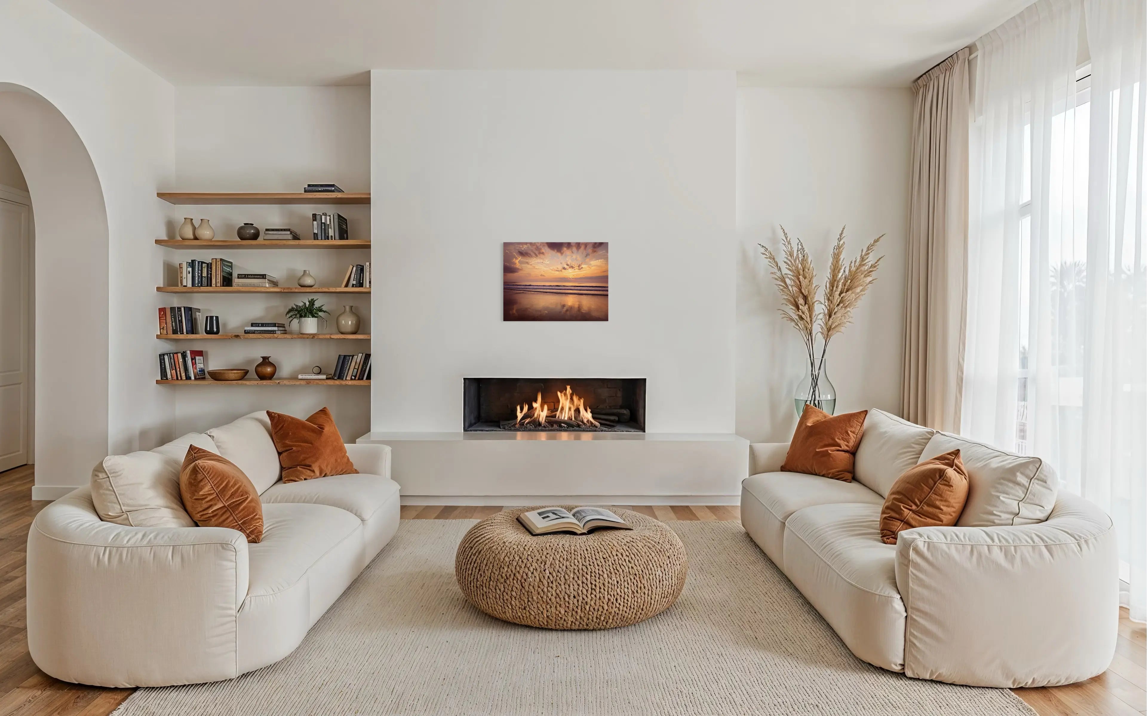 A vibrant coastal glass print featuring a sunrise on the Outer Banks, with golden light reflecting on the calm ocean waves and soft sand, living room decor