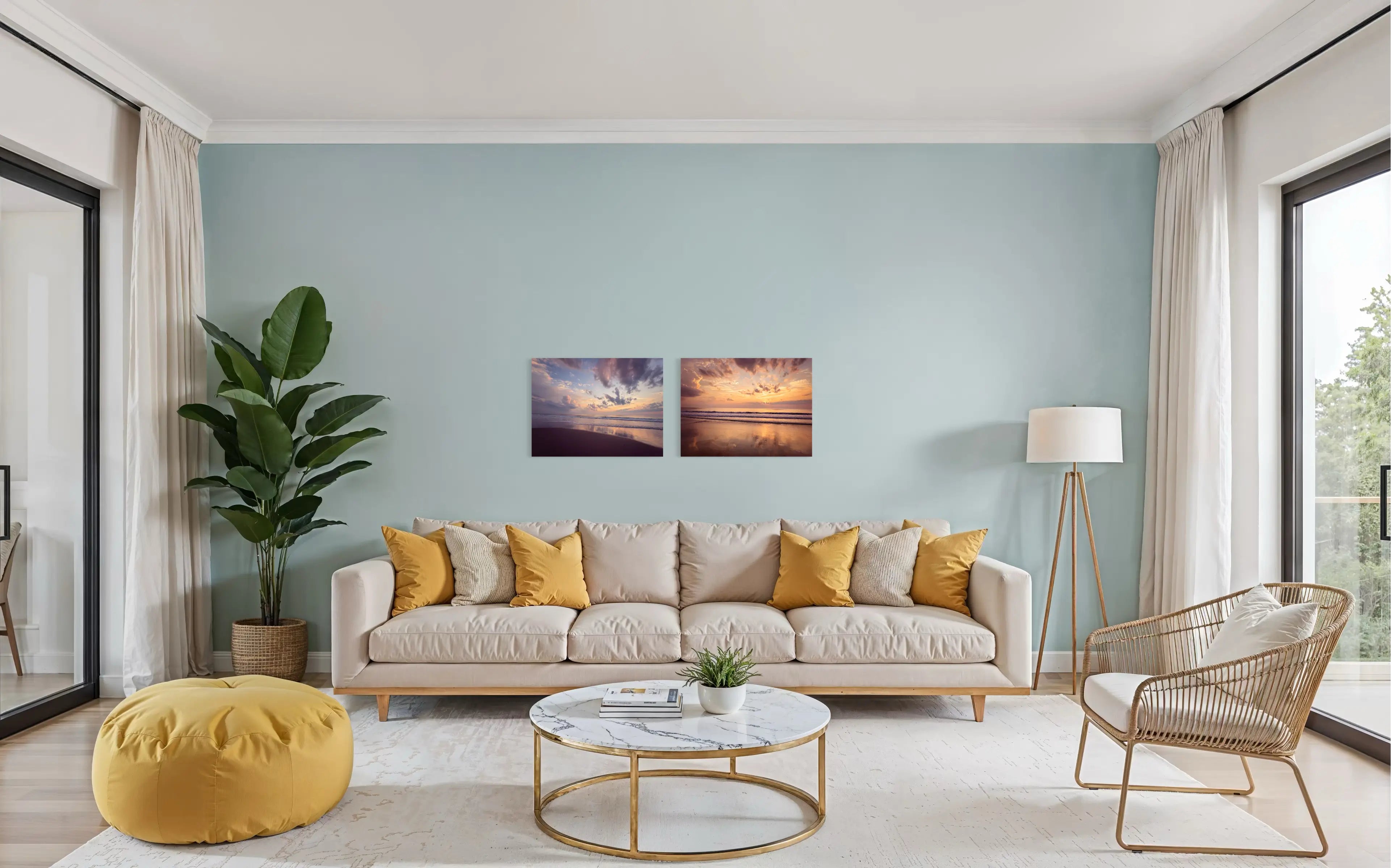 Vibrant coastal glass print featuring a sunrise on the Outer Banks, with golden light reflecting on the calm ocean waves and soft sand, with another Echoes prints